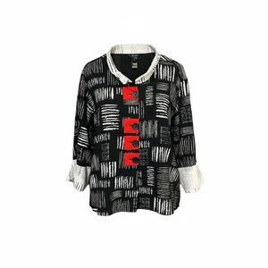 Ali Miles Women’s Jacket top 3X Black White red Abstract artsy 3/4 sleeves